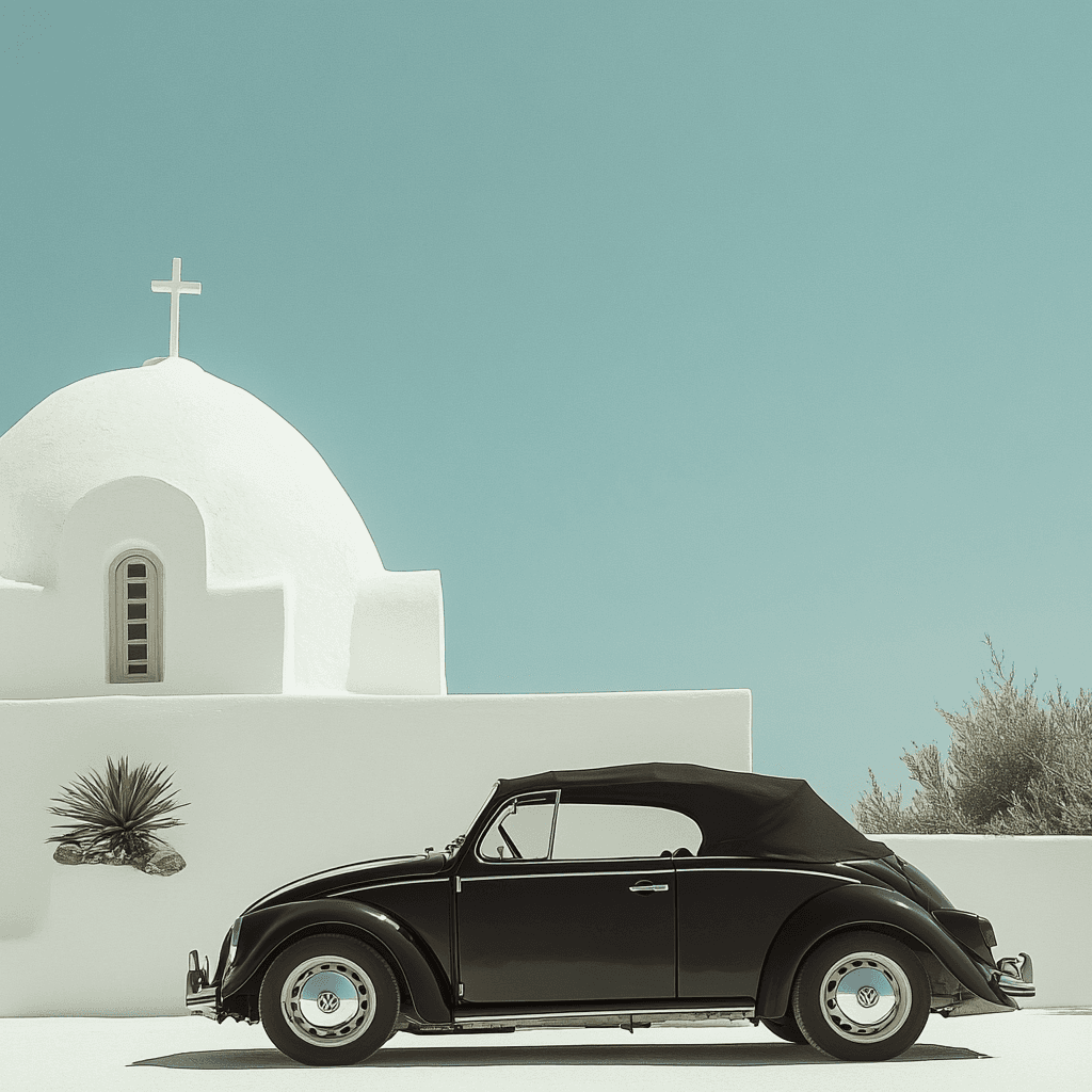 AI generated: Midjourney prompt: A vintage black wolkswagen golf car cabrio in fron... (Midjourney - Midjourney)