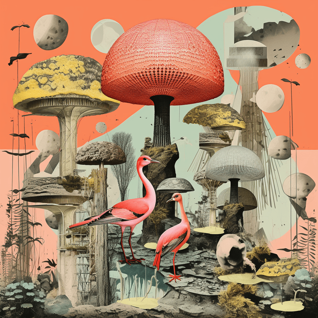 AI generated: Midjourney prompt: a collage illustration of birds and giant mushroom... (Midjourney - Concept Art)