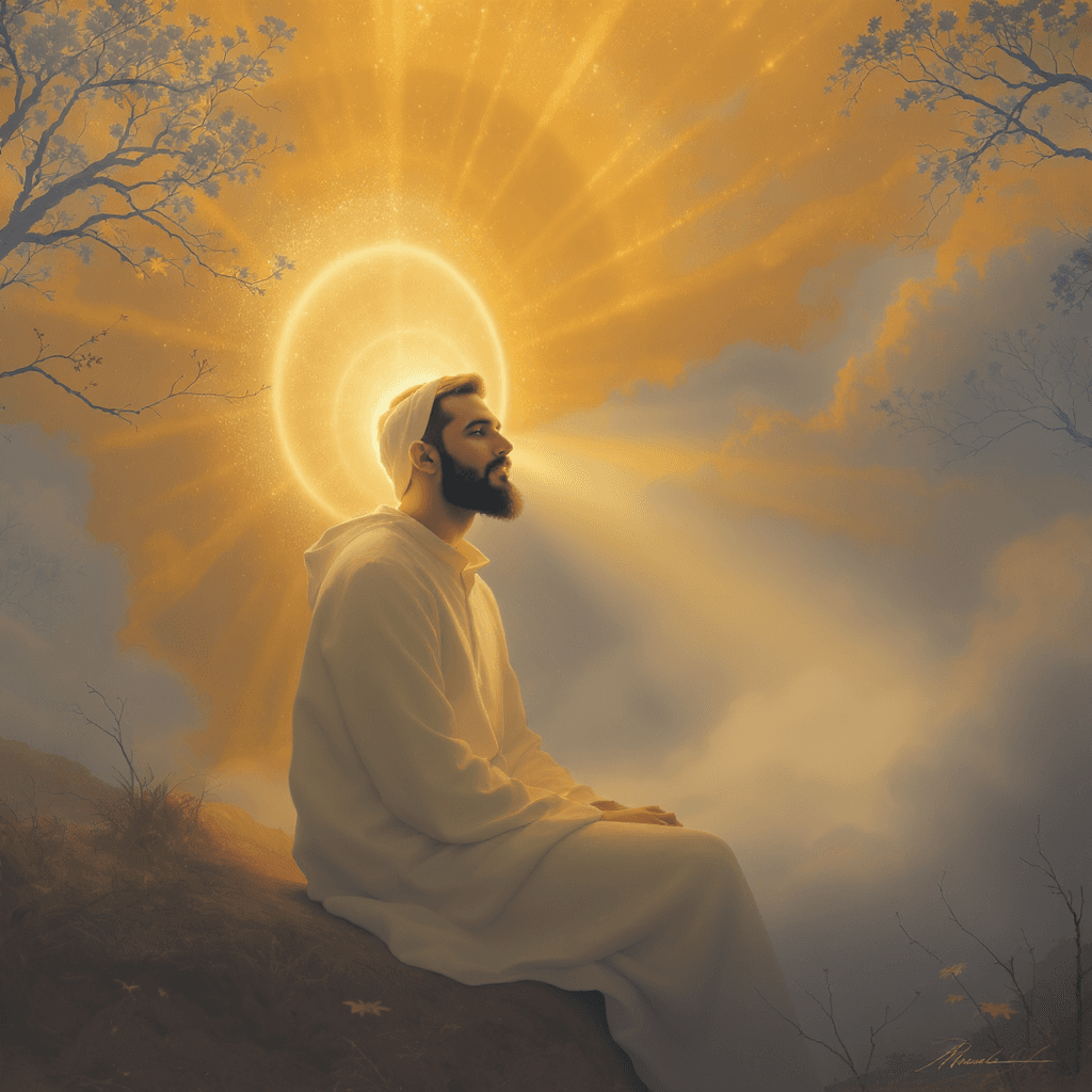 صورة مولدة بالذكاء الاصطناعي: FLUX prompt: A serene, ethereal scene where a man sits in a mis... (نموذج FLUX - FLUX)
