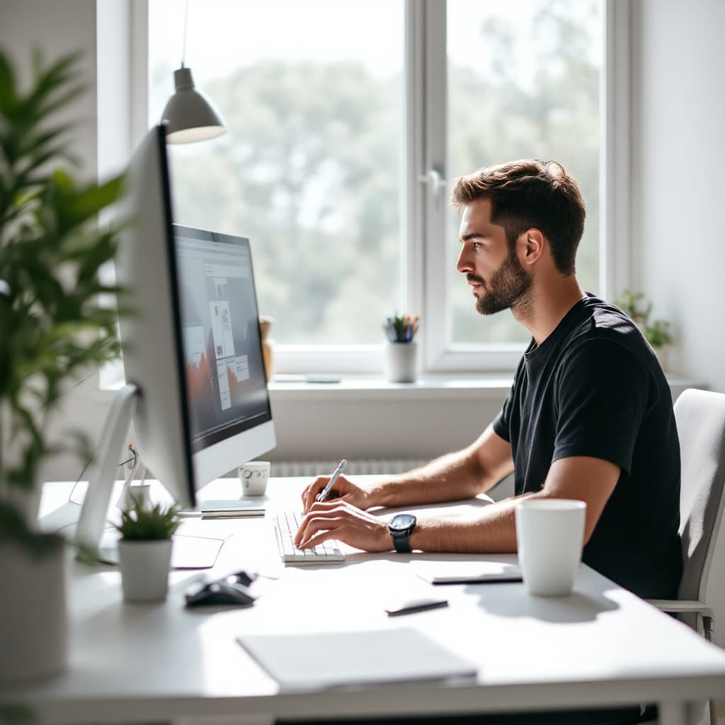 صورة مولدة بالذكاء الاصطناعي: FLUX prompt: minimalist workspace, focused design engineer at a... (نموذج FLUX - FLUX)