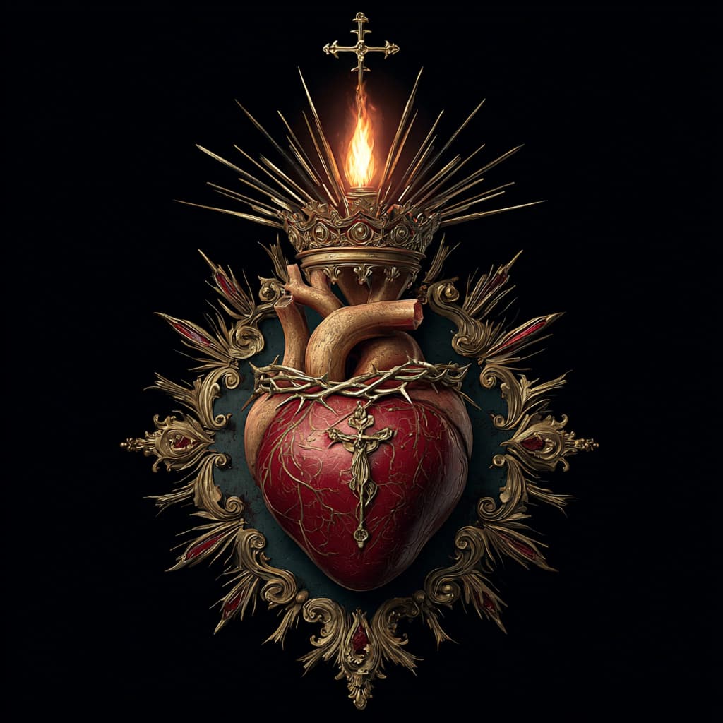 صورة مولدة بالذكاء الاصطناعي: Midjourney prompt: Jesus heart, divine rays, flame with cross on top ... (نموذج Midjourney - Midjourney)