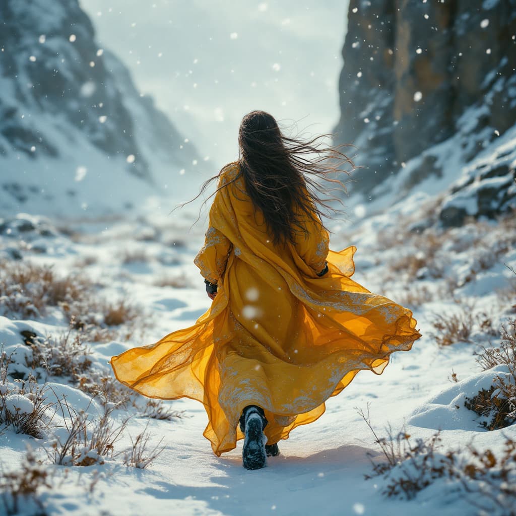 صورة مولدة بالذكاء الاصطناعي: FLUX prompt: a woman with long hair walking through a frozen la... (نموذج FLUX - FLUX)