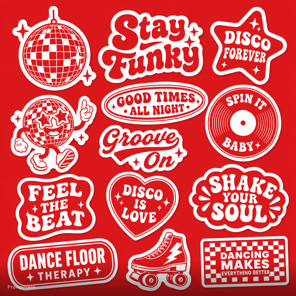 AI generated: ChatGPT Image prompt: Funky disky sicker pack in #E51F24. (ChatGPT Image - ChatGPT Image)