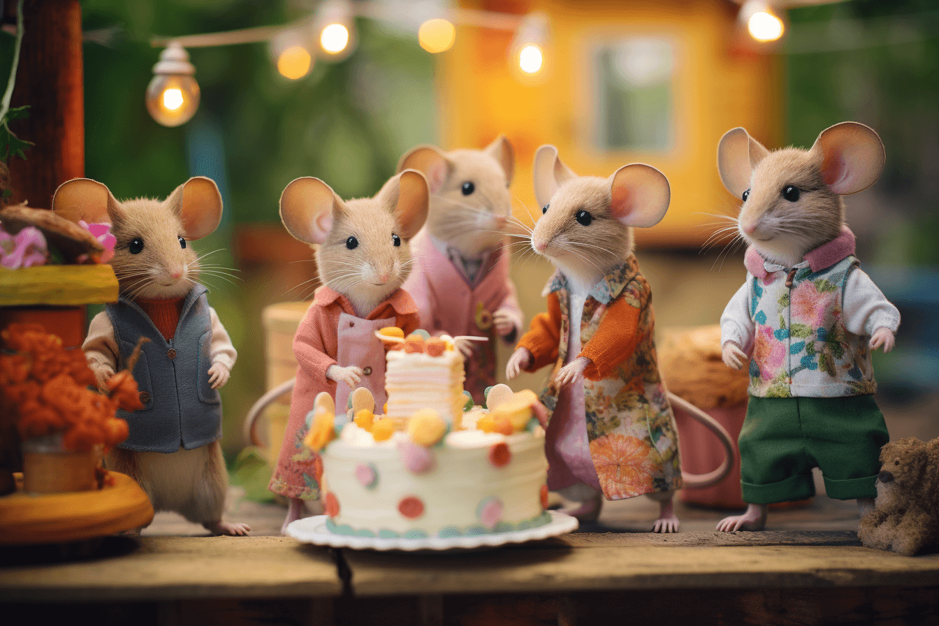 صورة مولدة بالذكاء الاصطناعي: Clothed mice celebrate garden party (نموذج Midjourney - Photography)