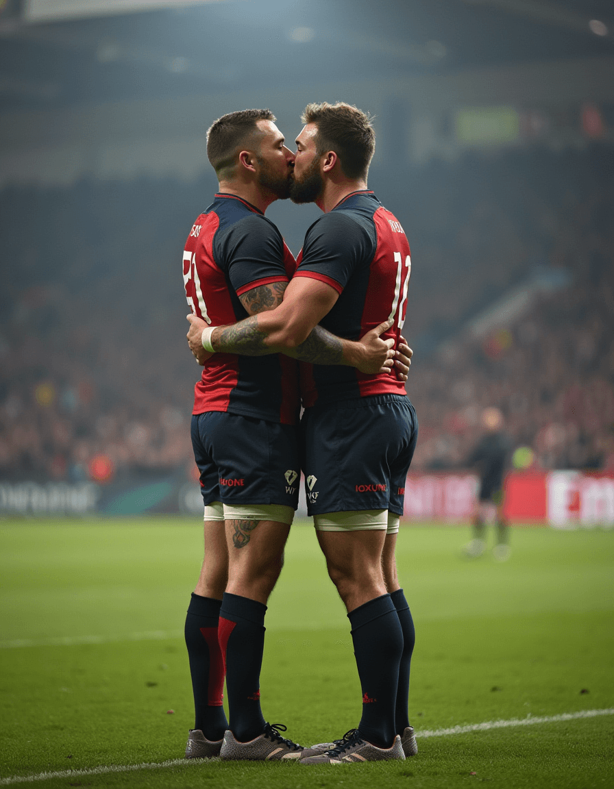 صورة مولدة بالذكاء الاصطناعي: Two Rugby Men Kissing (نموذج FLUX - Photography)