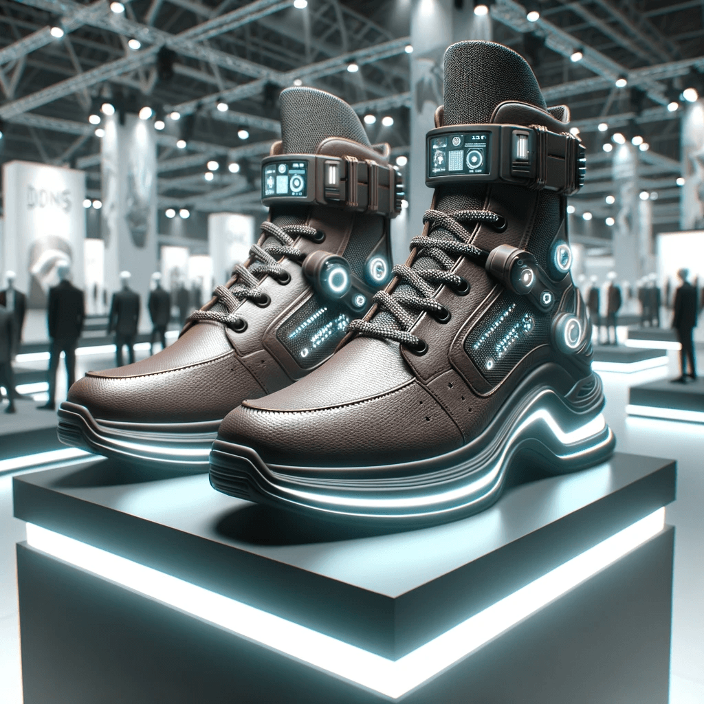 صورة مولدة بالذكاء الاصطناعي: DALL·E prompt: Render of high-tech leather shoes on a pedestal at... (نموذج DALL·E - أزياء وموضة)