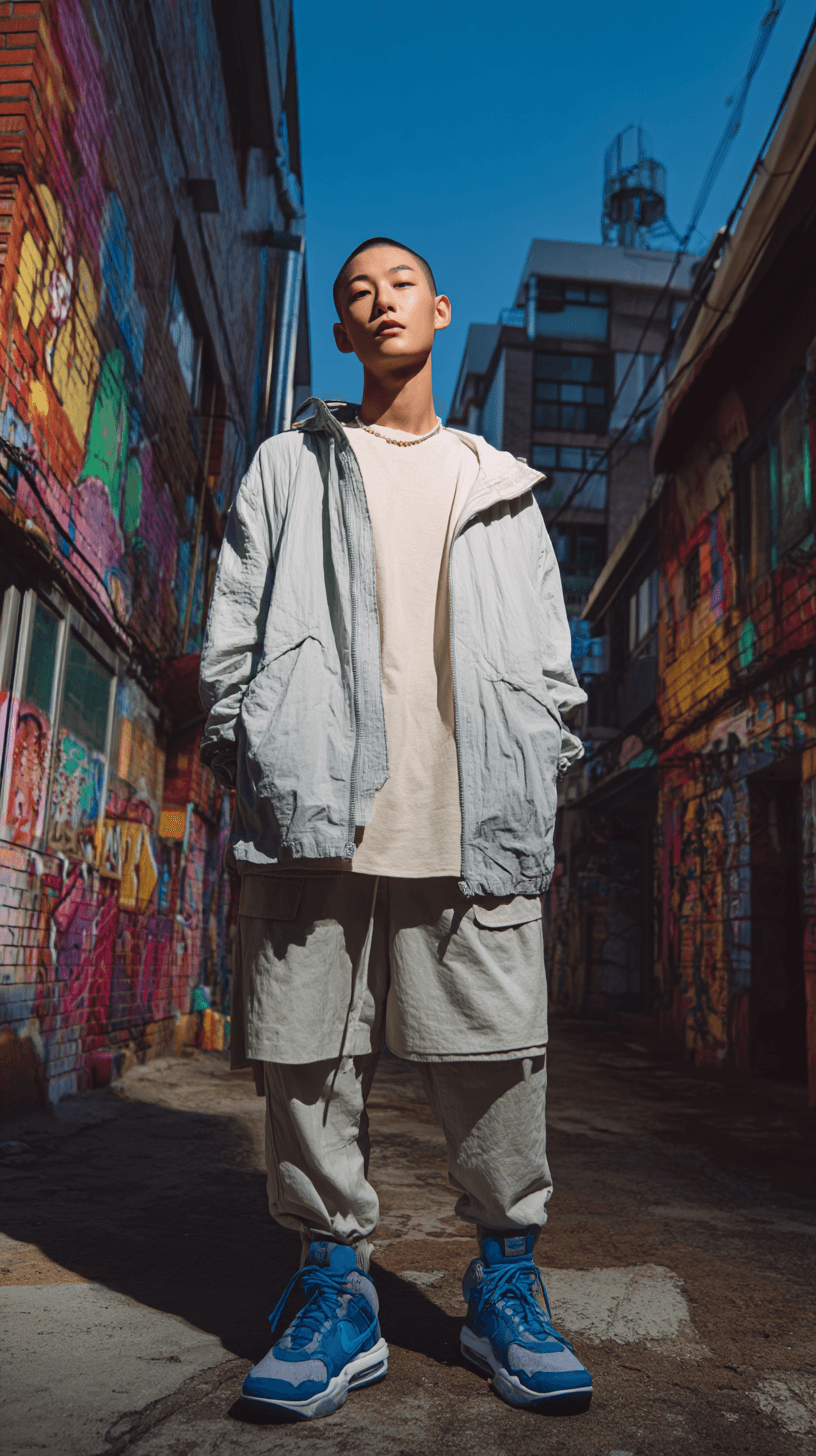 صورة مولدة بالذكاء الاصطناعي: Midjourney Shatter prompt: full-body shot, male korean model, wearing a layer... (نموذج Midjourney Shatter - أزياء وموضة)