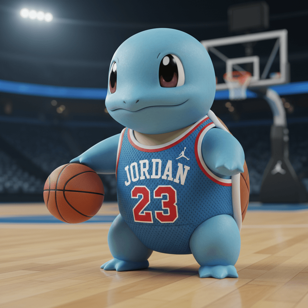 AI generated: Nano Banana prompt: Pokémon Squirtle with a blue 23 Jordan jersey (Nano Banana - Nano Banana)