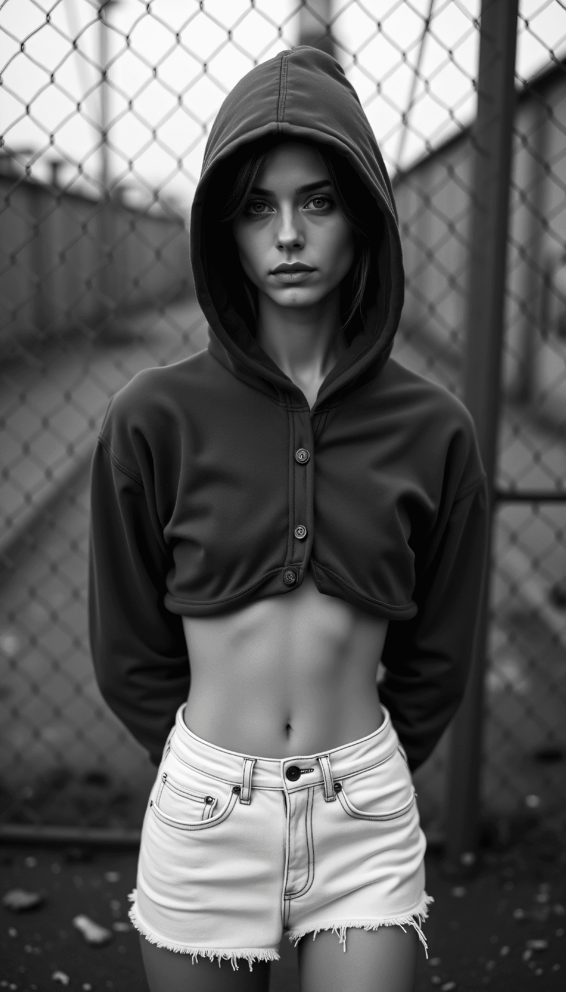 صورة مولدة بالذكاء الاصطناعي: FLUX prompt: dystopian style Black and white fashion photograph... (نموذج FLUX - أزياء وموضة)