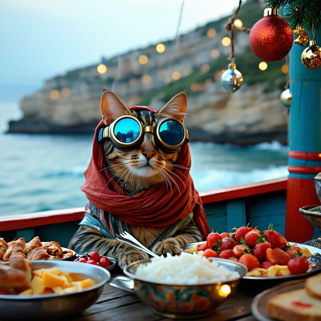 صورة مولدة بالذكاء الاصطناعي: Stable Diffusion prompt: imagine a funny festival cat with googles and a pa... (نموذج Stable Diffusion - Stable Diffusion)