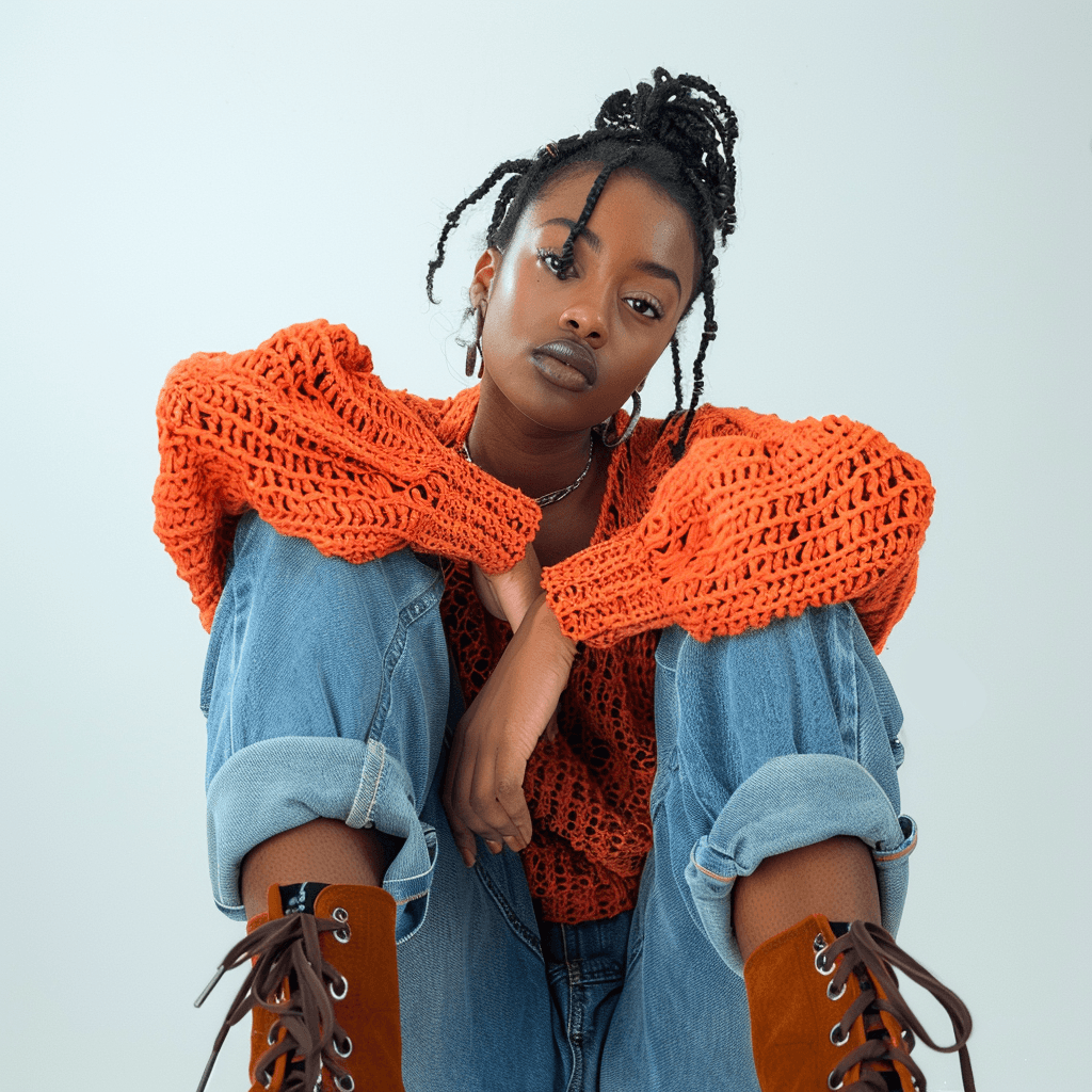 صورة مولدة بالذكاء الاصطناعي: Midjourney prompt: Photograph taken from below, black female model lo... (نموذج Midjourney - Fashion)