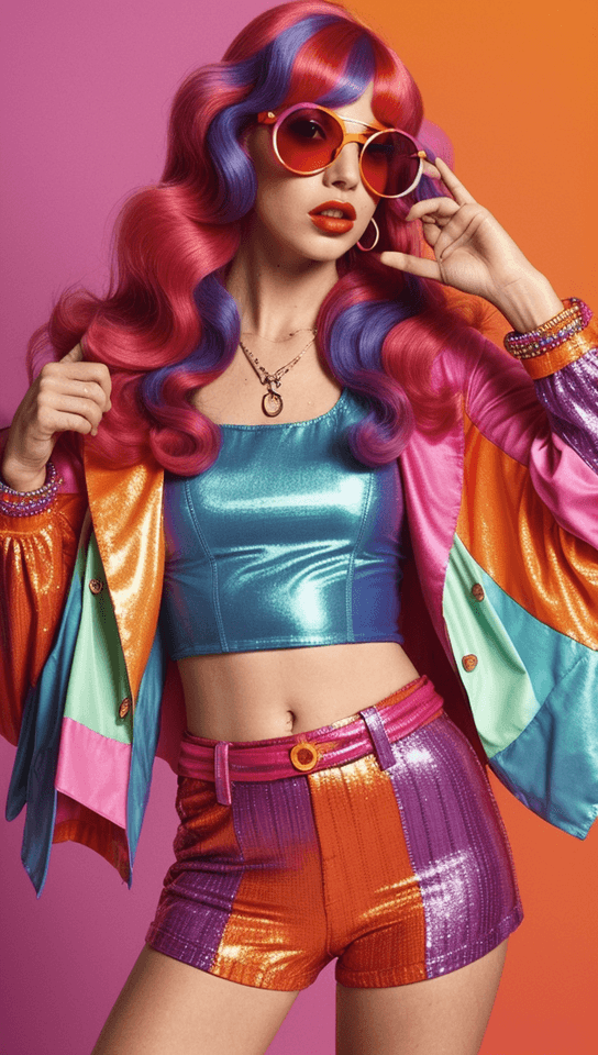 صورة مولدة بالذكاء الاصطناعي: Stable Diffusion prompt: Generate a vibrant and dynamic 70s fashion illustr... (نموذج Stable Diffusion - أزياء وموضة)