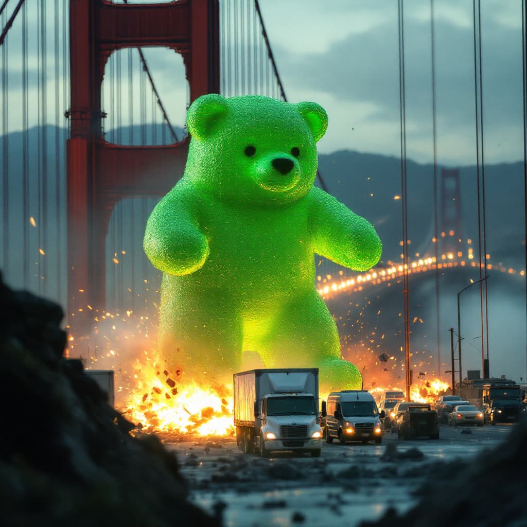 صورة مولدة بالذكاء الاصطناعي: FLUX prompt: Green Enormous sized Gummy Bear disrupts the traff... (نموذج FLUX - FLUX)