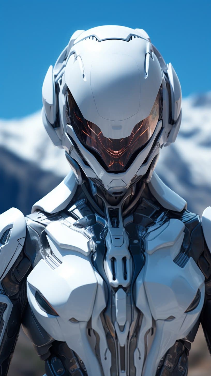 صورة مولدة بالذكاء الاصطناعي: Midjourney prompt: white sci-fi female armor with cybernetic helmet, ... (نموذج Midjourney - Anime)