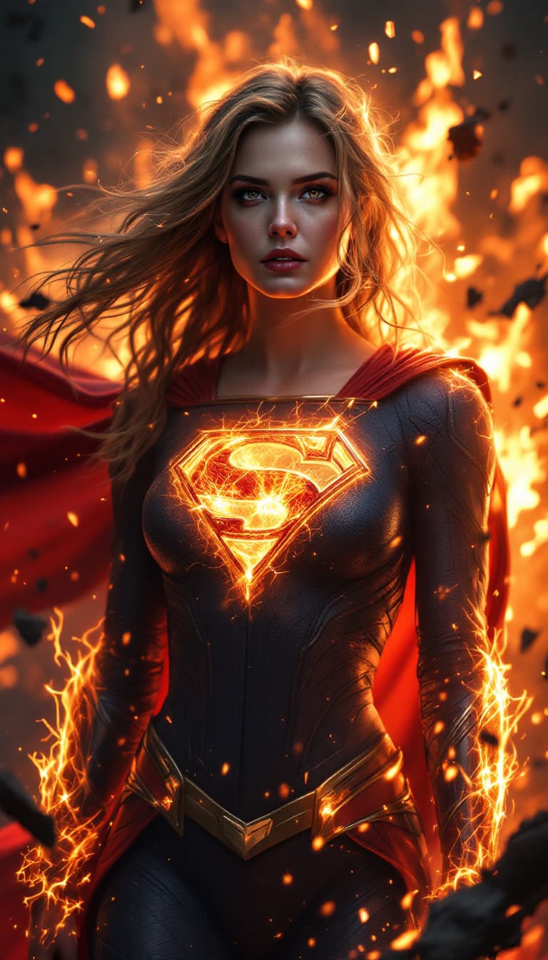 صورة مولدة بالذكاء الاصطناعي: FLUX prompt: Envision a fully body portrait of a supergirl risi... (نموذج FLUX - FLUX)