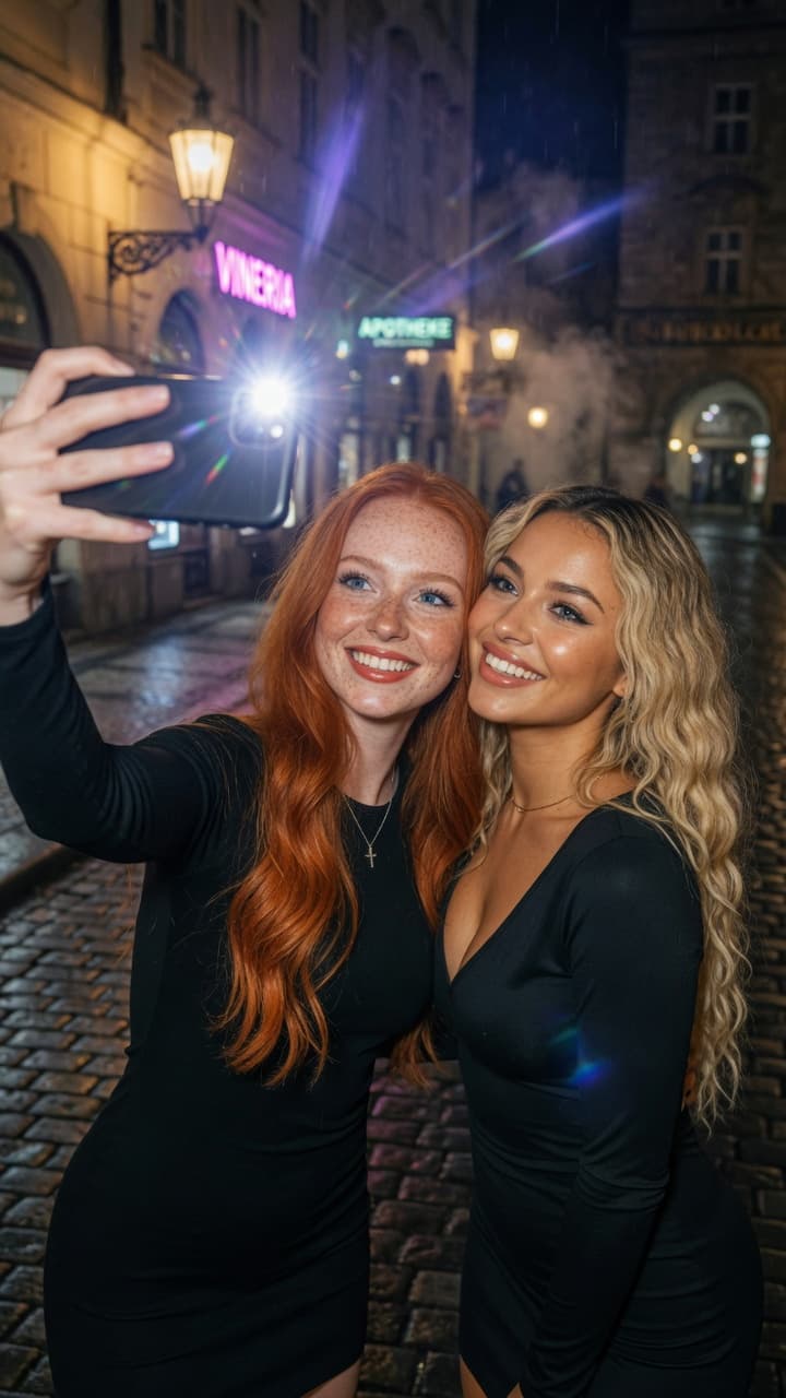 صورة مولدة بالذكاء الاصطناعي: Ultra-realistic nighttime selfie photograph of two... (نموذج PromptHero - Other AI Models)