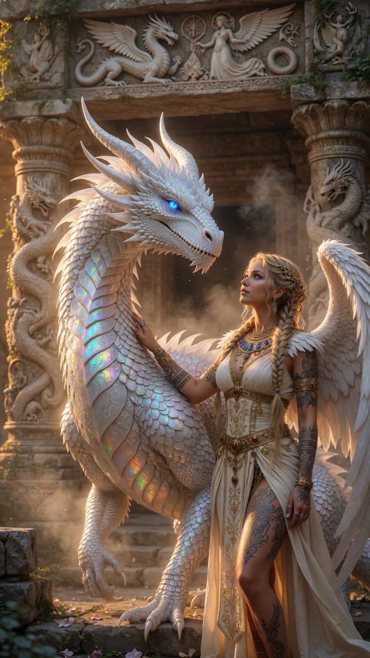 AI generated: Majestic white dragon with intricate iridescent sc... (PromptHero - Other AI Models)