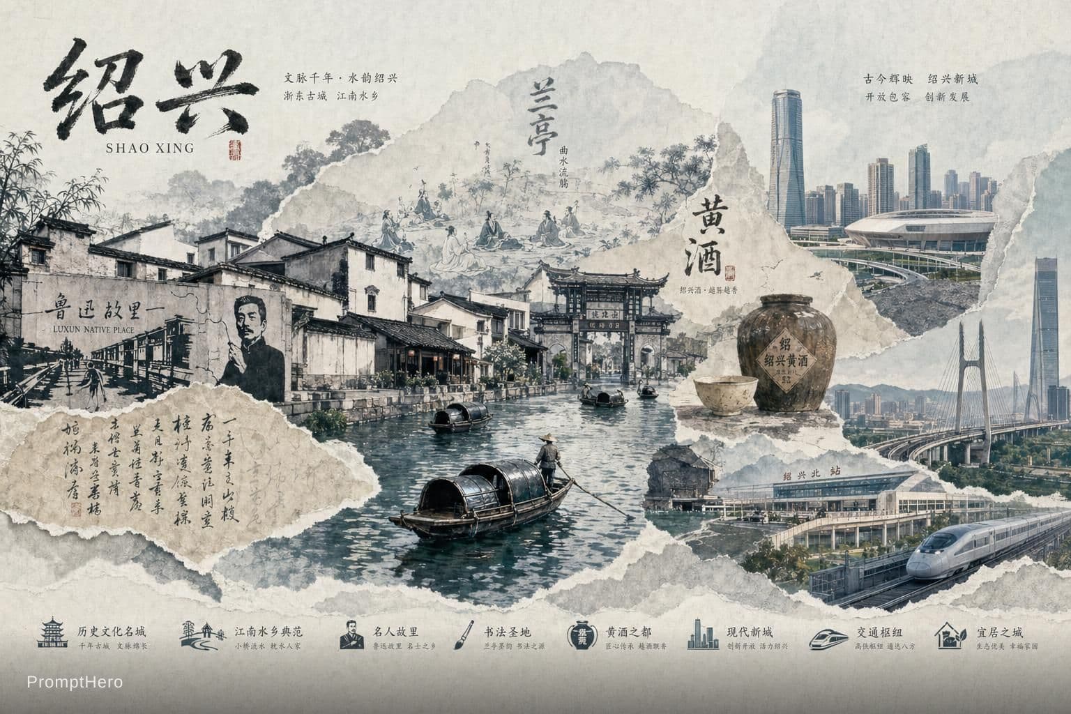 AI generated: ChatGPT Image prompt: A3 横向绍兴城市拼贴画，水墨国风撕纸拼贴，江南水乡白墙黑瓦、乌篷船、鲁迅故里、兰亭黄酒文化，结合绍... (ChatGPT Image - ChatGPT Image)