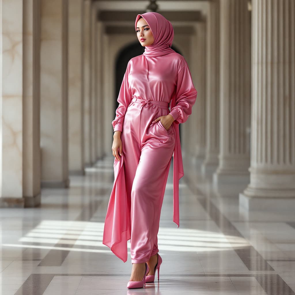 صورة مولدة بالذكاء الاصطناعي: FLUX prompt: curvy indonesian wearing glossy pink satin hijabs... (نموذج FLUX - FLUX)
