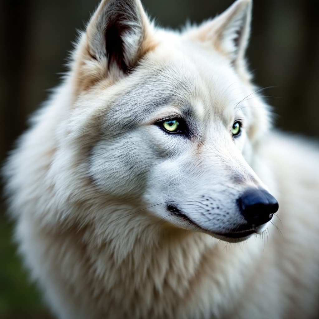 AI generated: FLUX prompt: Wolf oc, white wolf with husky coloring, green eye... (FLUX - FLUX)