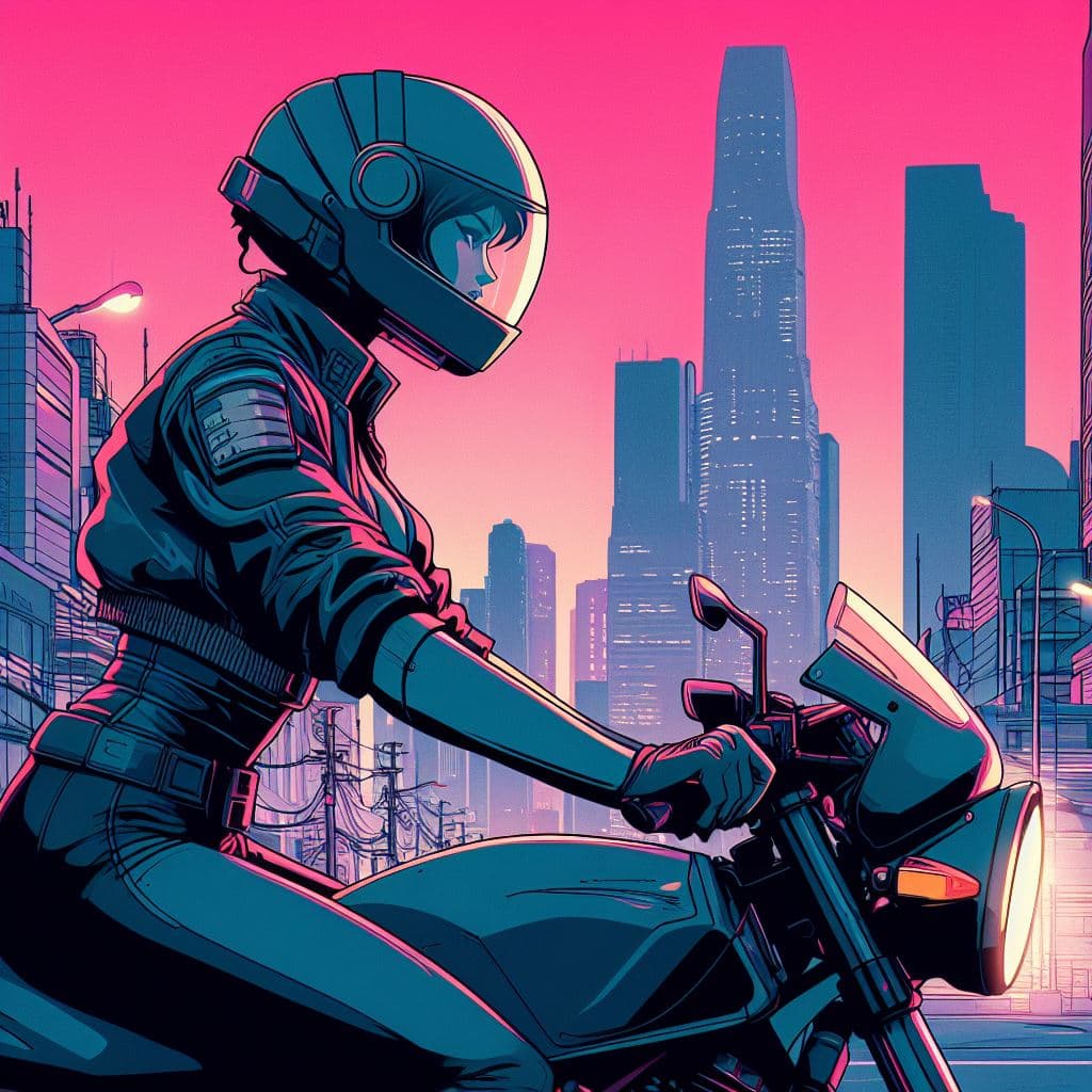 AI generated: DALL·E prompt: a woman wearing helmet, riding motorcycle in the c... (DALL·E - Anime)
