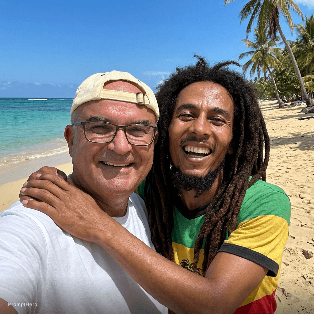 صورة مولدة بالذكاء الاصطناعي: Nano Banana prompt: with bob marley at a tropical beach, sunny day, bo (نموذج Nano Banana - Nano Banana)
