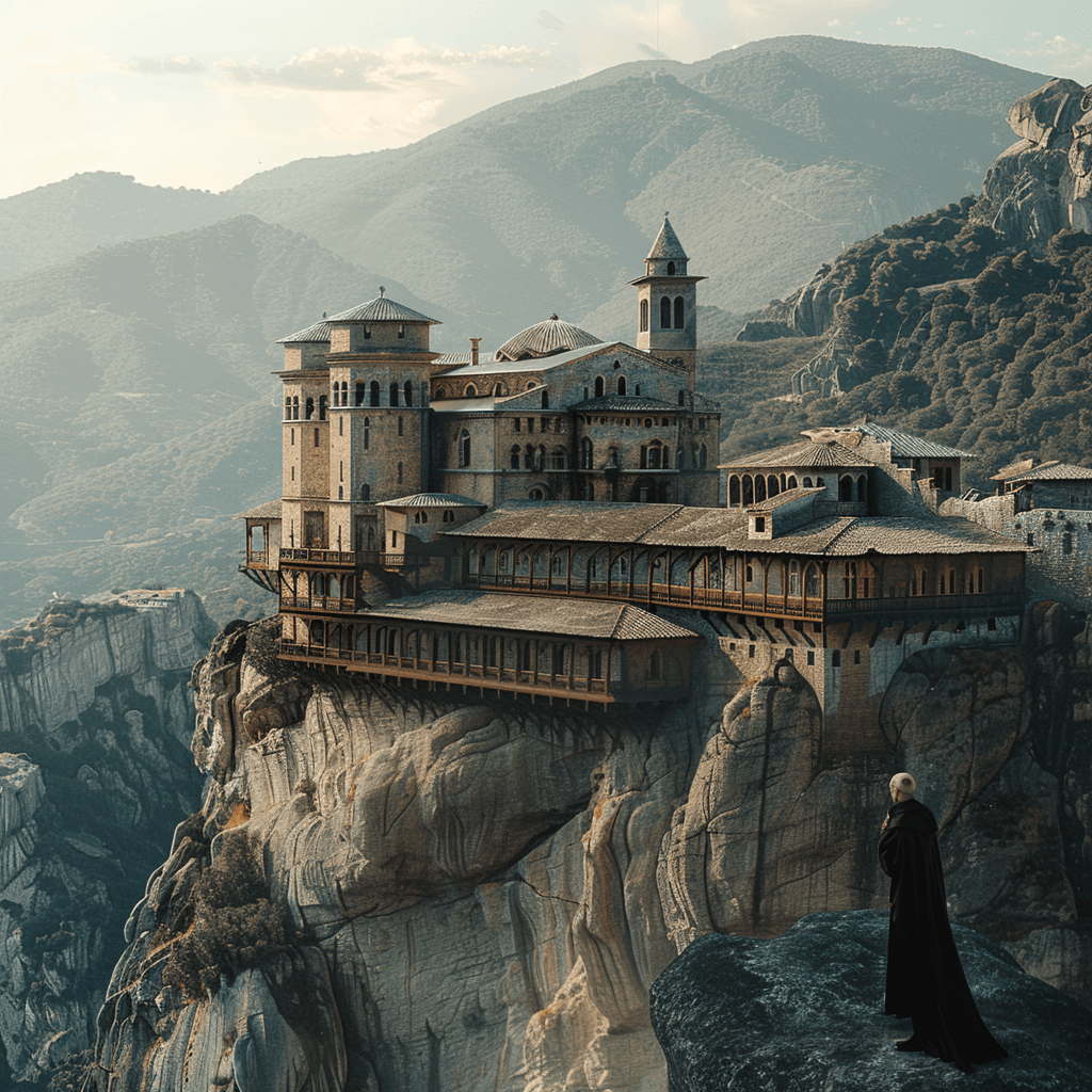 صورة مولدة بالذكاء الاصطناعي: A monastery italian cliff (نموذج Midjourney - Architecture)