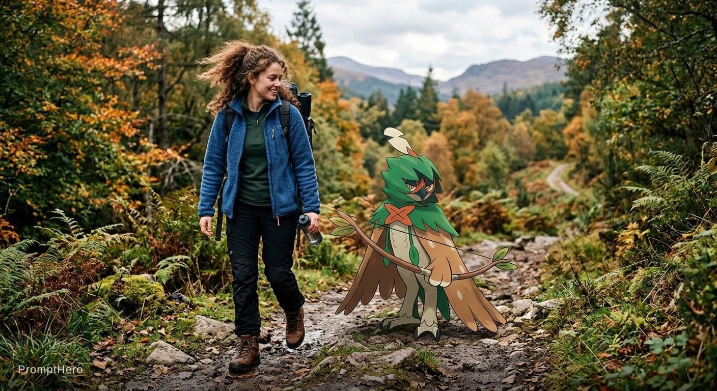 AI generated: Hero prompt: a decidueye with a trainer wearing a blue fleece a... (Hero - Hero)