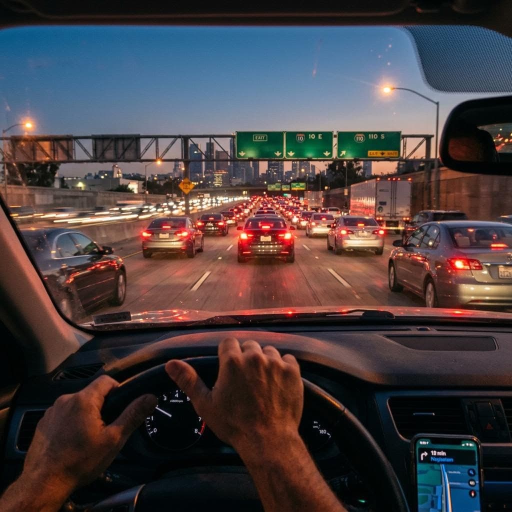 صورة مولدة بالذكاء الاصطناعي: Nano Banana prompt: End-of-day rush hour on a Los Angeles freeway, POV... (نموذج Nano Banana - Nano Banana)