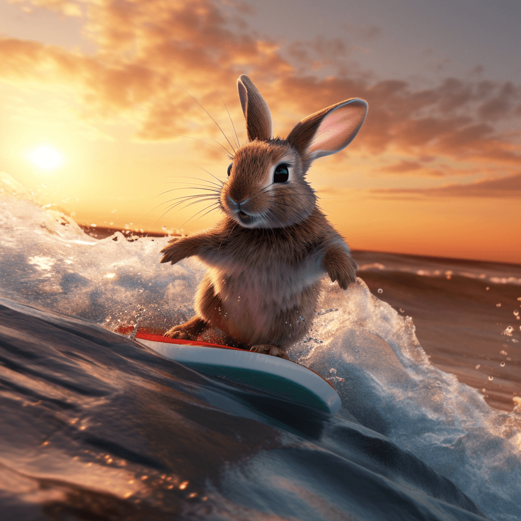 صورة مولدة بالذكاء الاصطناعي: Bunny surfing (نموذج Midjourney - Character Design)