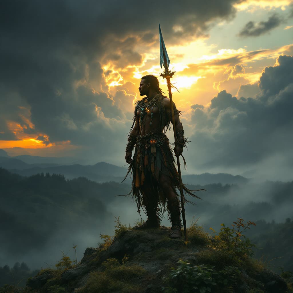 صورة مولدة بالذكاء الاصطناعي: FLUX prompt: Legendary Mau Mau warrior standing atop a sacred h... (نموذج FLUX - FLUX)