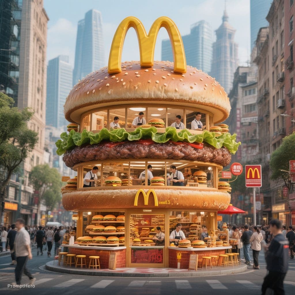 صورة مولدة بالذكاء الاصطناعي: Hero prompt: A realistic giant hamburger-shaped multi-level pop... (نموذج Hero - Hero)