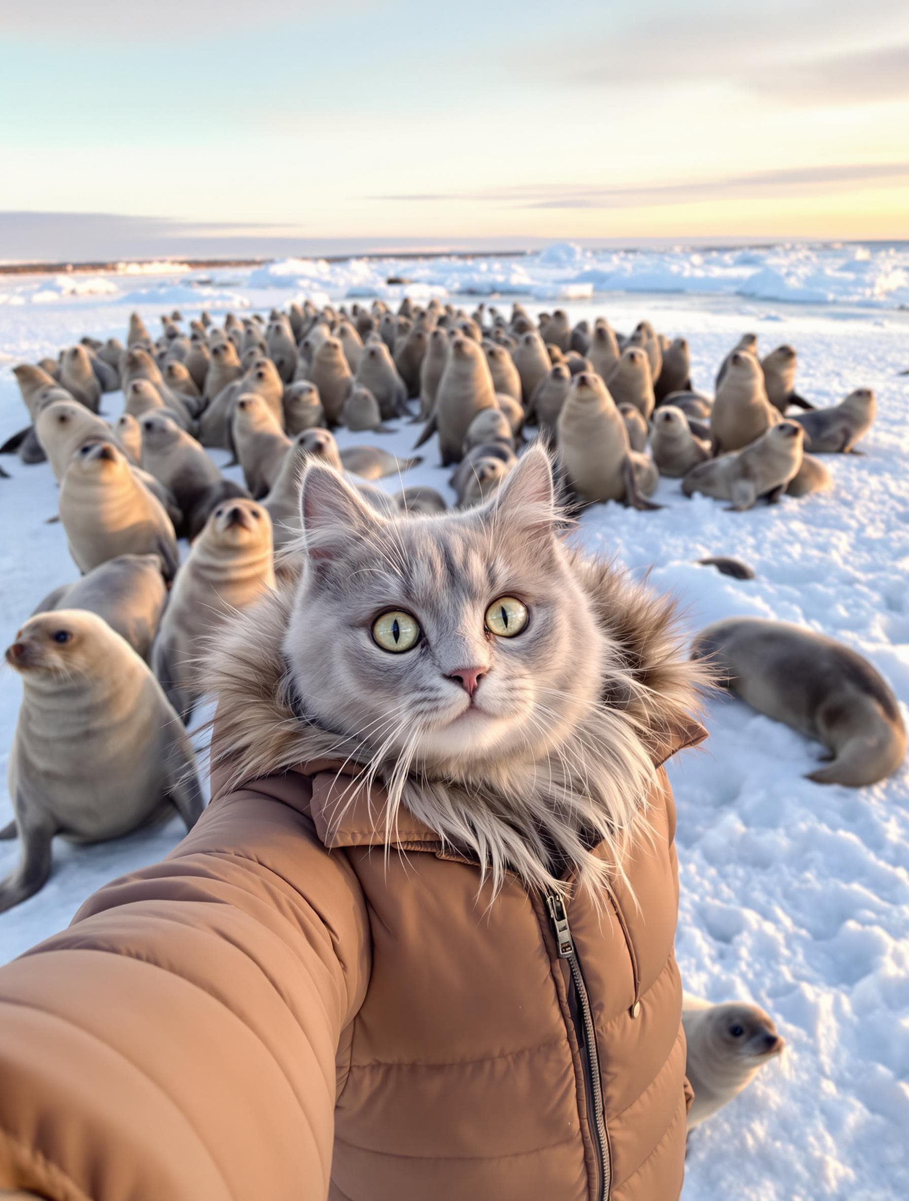 صورة مولدة بالذكاء الاصطناعي: FLUX prompt: On the snow is an ice field with a lot of seals s... (نموذج FLUX - FLUX)