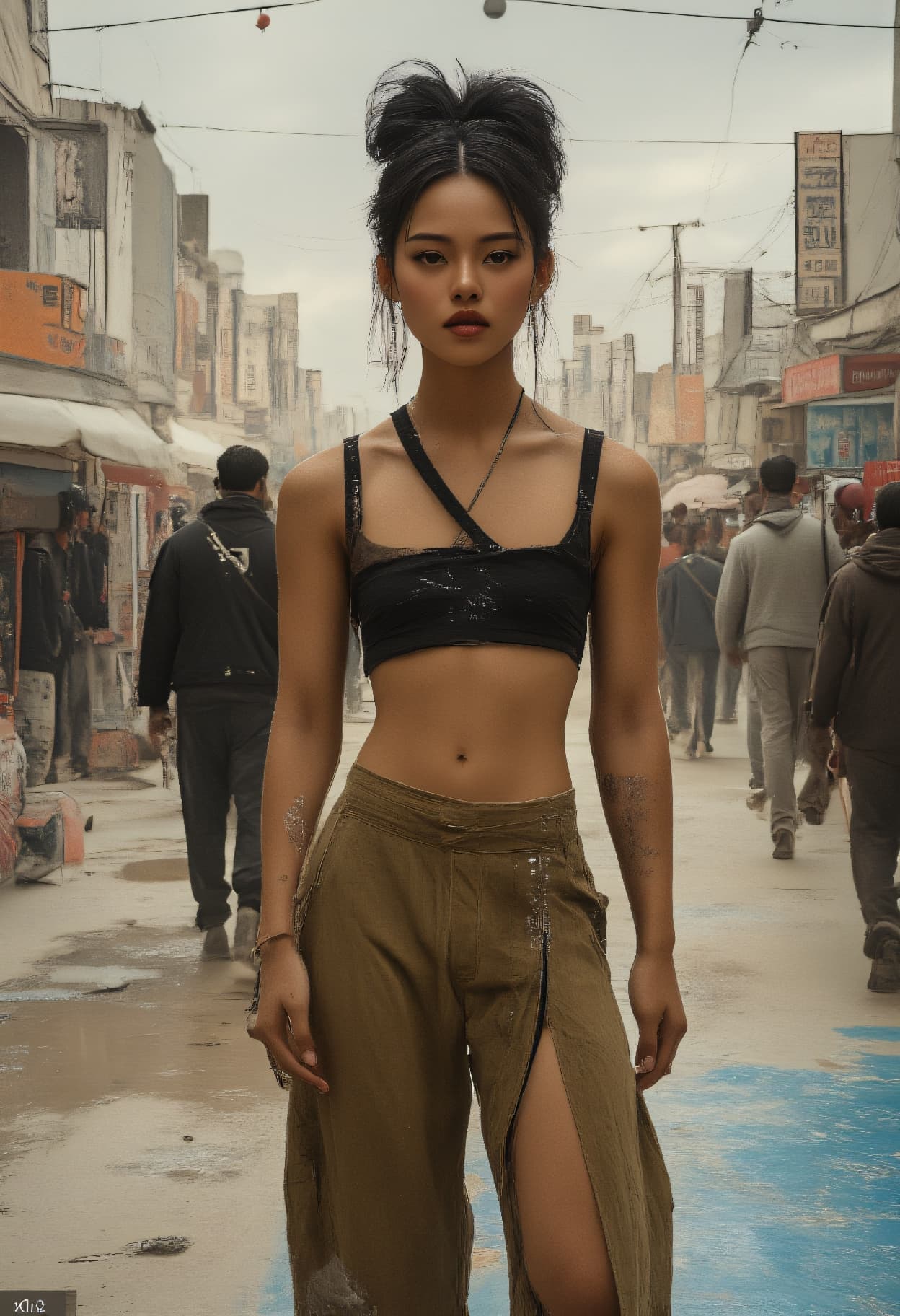صورة مولدة بالذكاء الاصطناعي: FLUX prompt: tintype, Street fashion shot from a distance photo... (نموذج FLUX - أزياء وموضة)