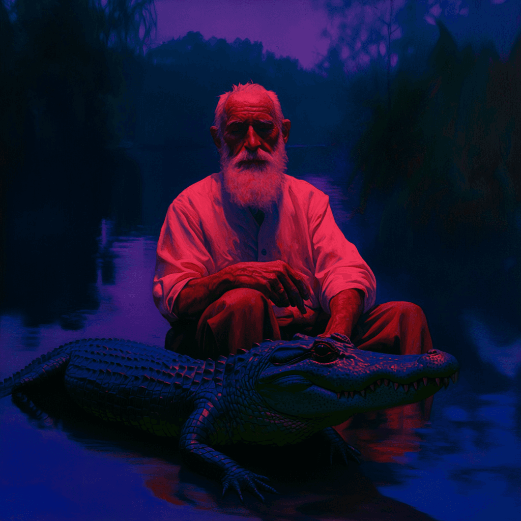 AI generated: Midjourney prompt: an old man with white beards pets his alligator in... (Midjourney - Concept Art)