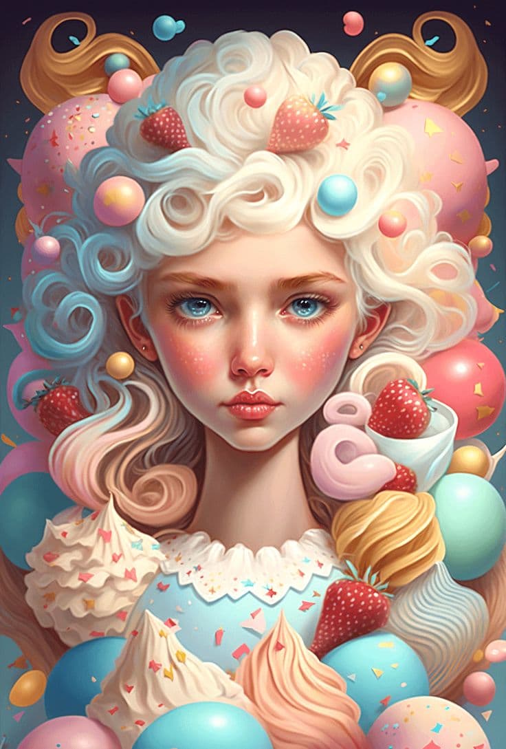 صورة مولدة بالذكاء الاصطناعي: Stable Diffusion prompt: uma menina, com olhos claros, em 3d, mundo de doce (نموذج Stable Diffusion - Character Design)