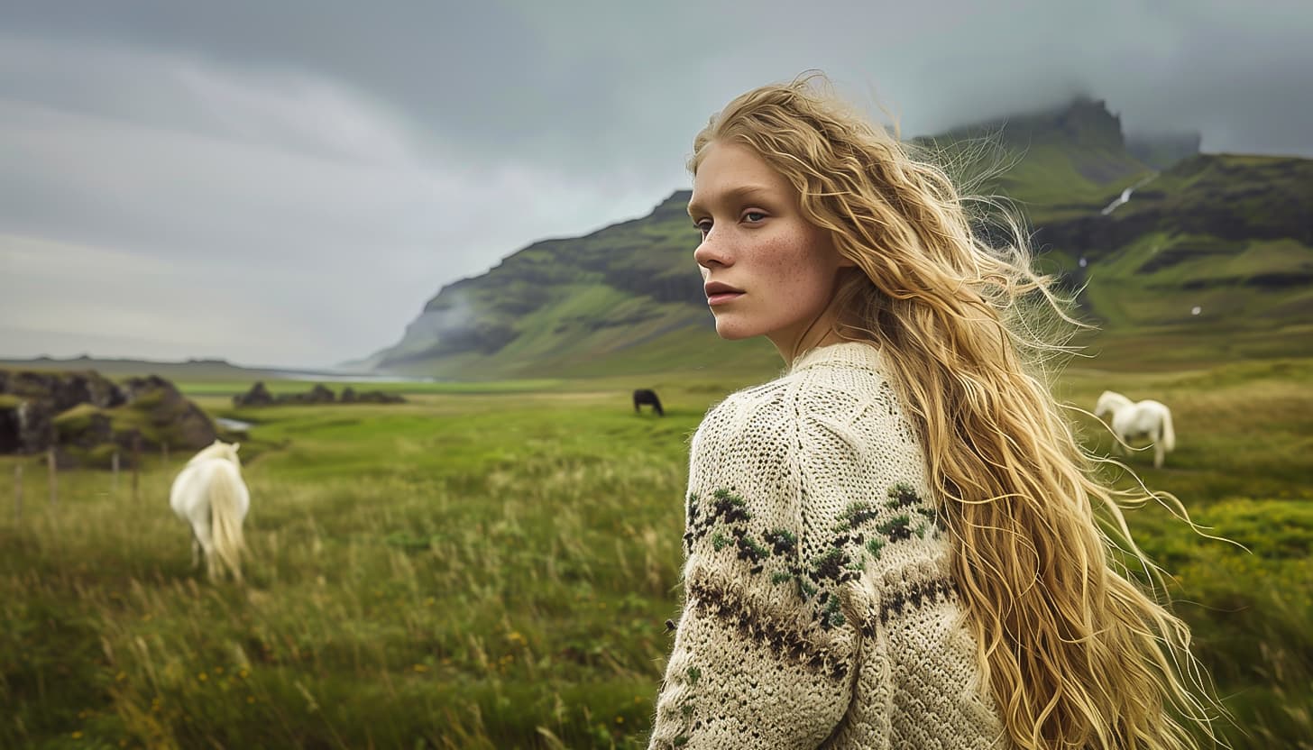 AI generated: Midjourney prompt: a young blond icelandic walking through a mos gree... (Midjourney - Portraits)