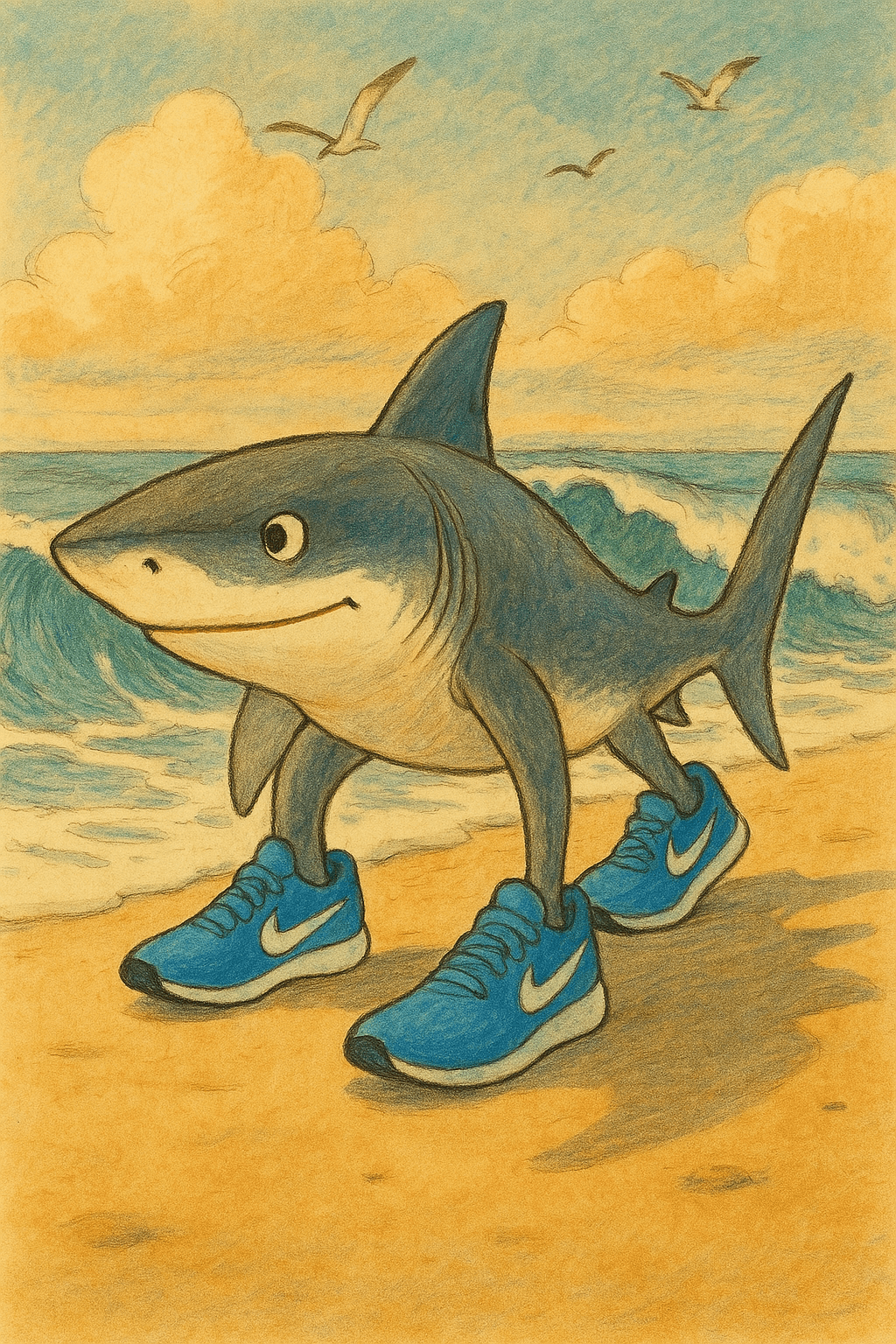 صورة مولدة بالذكاء الاصطناعي: ChatGPT Image prompt: A whimsical illustration of a happy shark standing... (نموذج ChatGPT Image - ChatGPT Image)