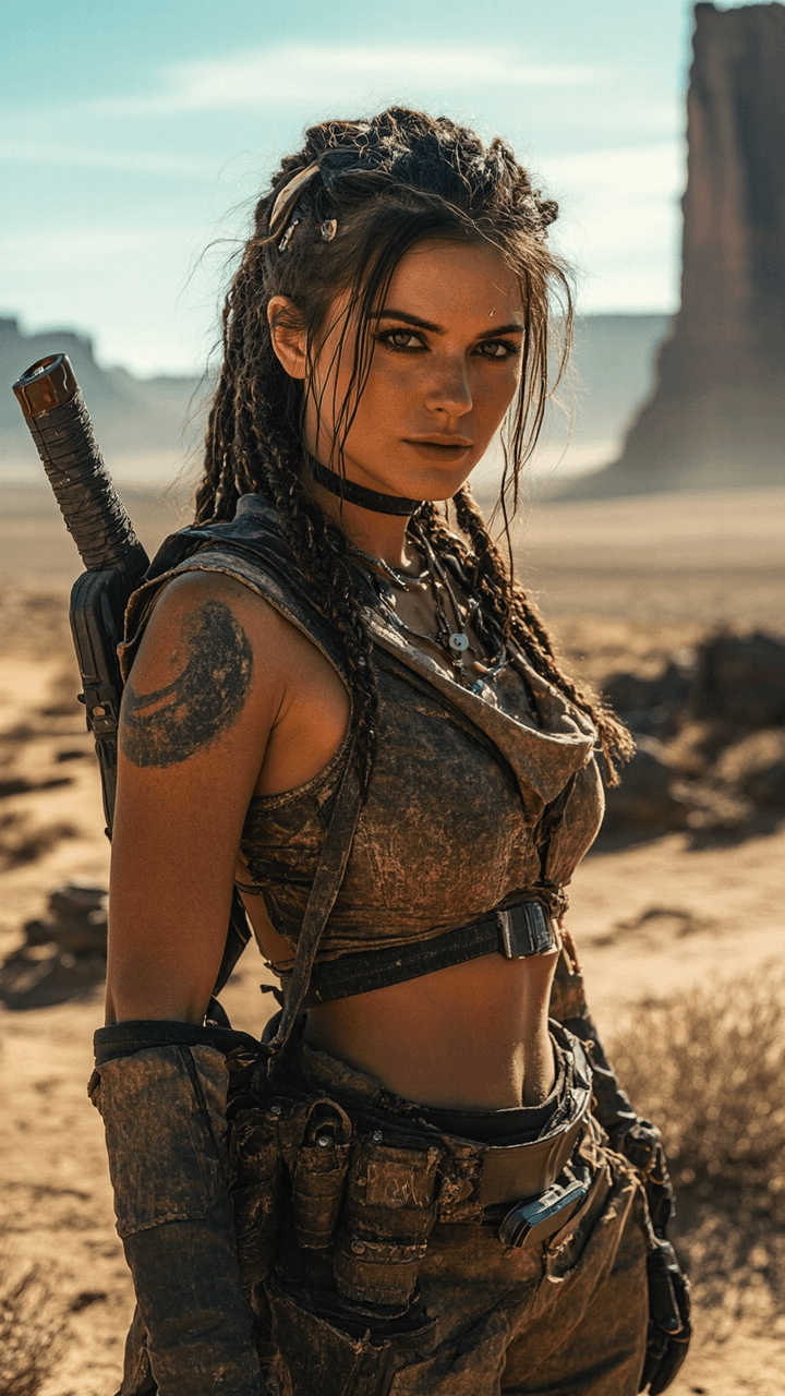 صورة مولدة بالذكاء الاصطناعي: A resilient wasteland scout, with weathered skin, ... (نموذج PromptHero - Other AI Models)