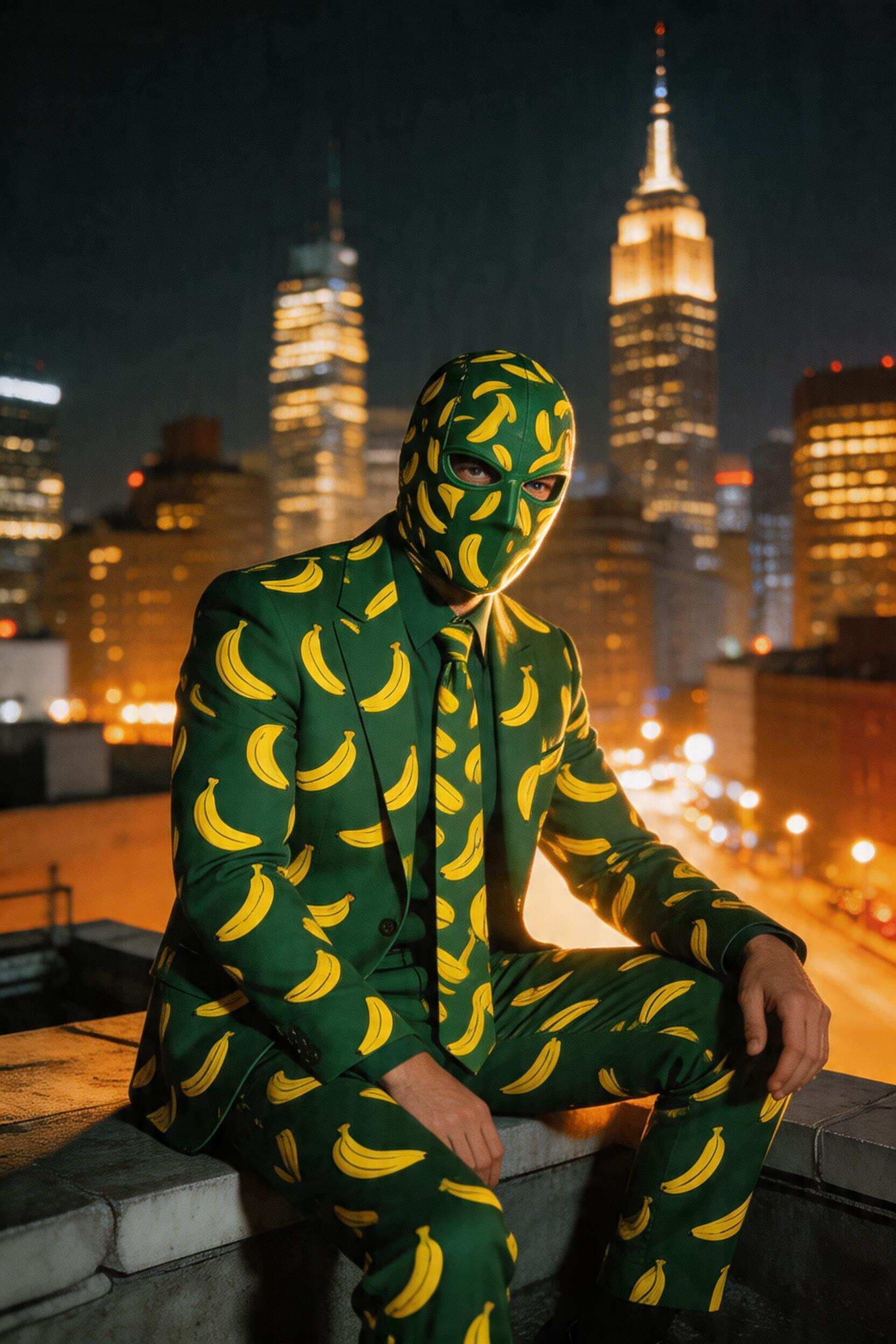 صورة مولدة بالذكاء الاصطناعي: Stable Diffusion prompt: A mysterious man inspired by the Riddler sits on a... (نموذج Stable Diffusion - أزياء وموضة)