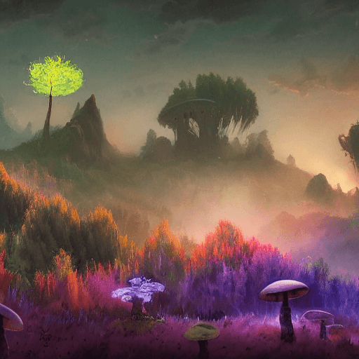 صورة مولدة بالذكاء الاصطناعي: Stable Diffusion prompt: concept art painting of a fantasy alien fungal lan... (نموذج Stable Diffusion - Landscapes)
