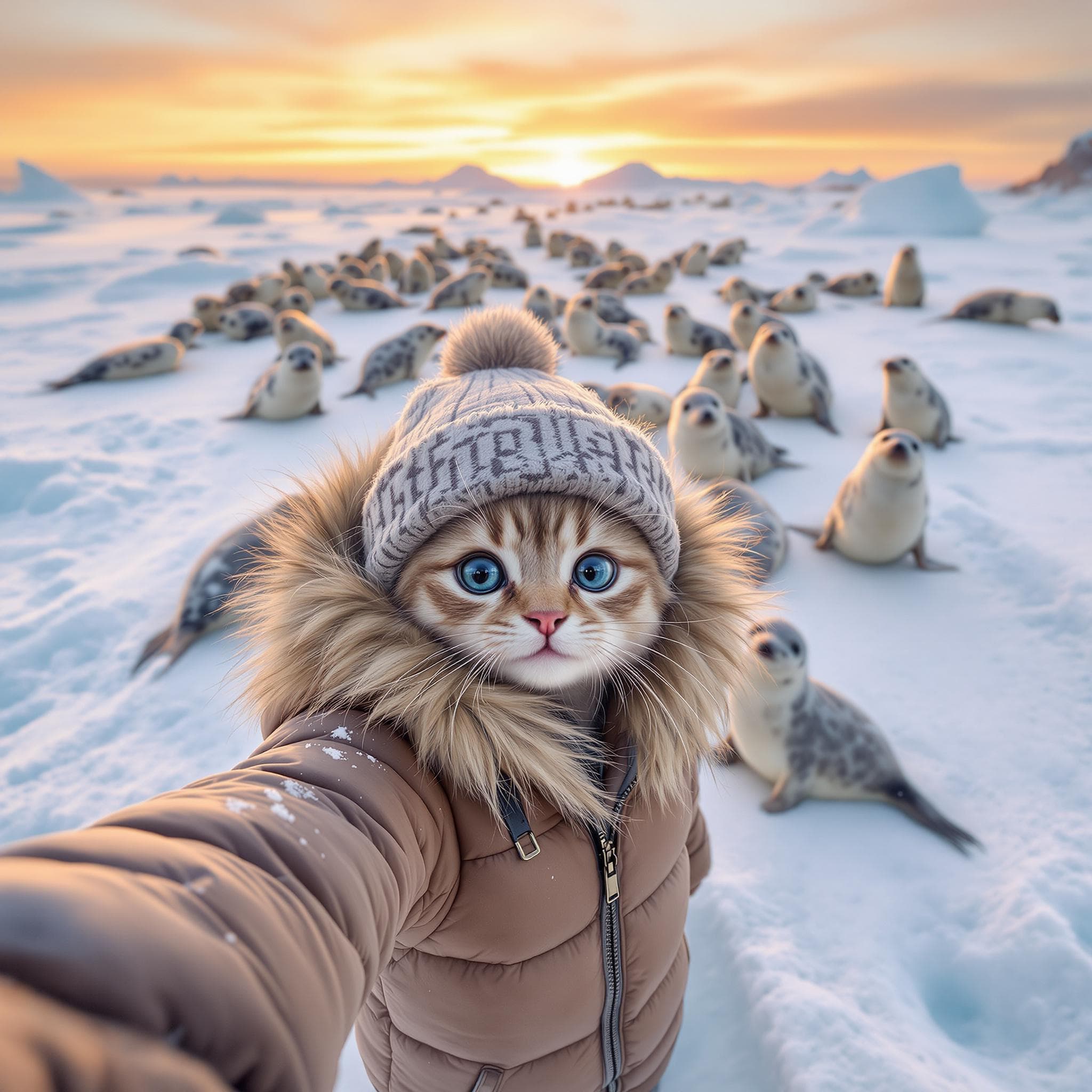 صورة مولدة بالذكاء الاصطناعي: FLUX prompt: In the snow, there is an ice field with many seals... (نموذج FLUX - FLUX)