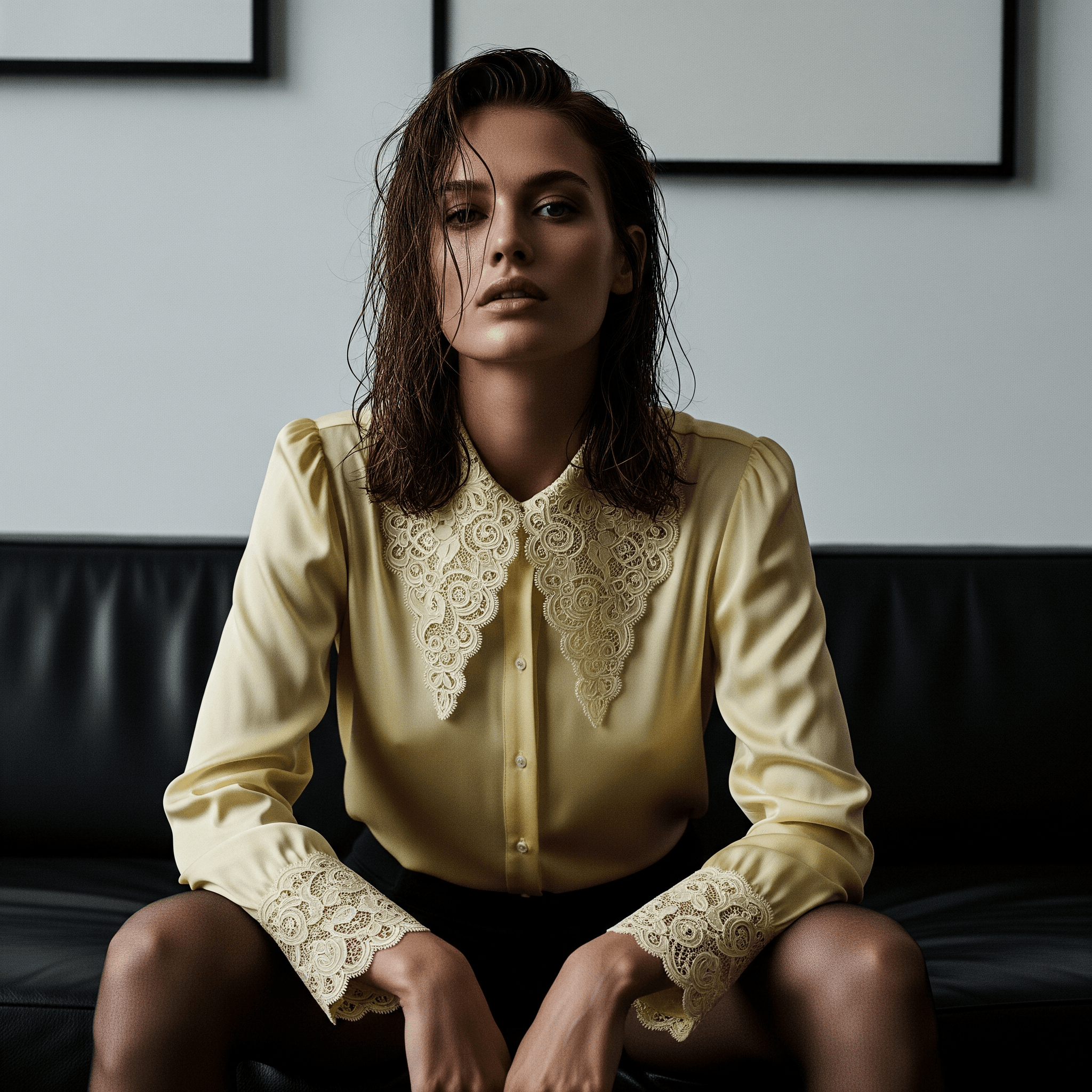 صورة مولدة بالذكاء الاصطناعي: Flux.2 prompt: (Imagen 4) A high-fashion editorial portrait of a ... (نموذج Flux.2 - أزياء وموضة)