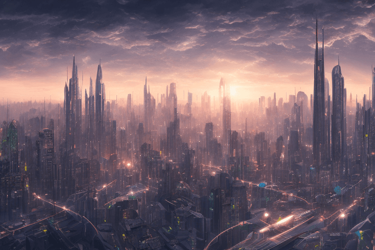 AI generated: Openjourney prompt: super detailed city skyline future, 8k, sunset, sp (Openjourney - Openjourney)
