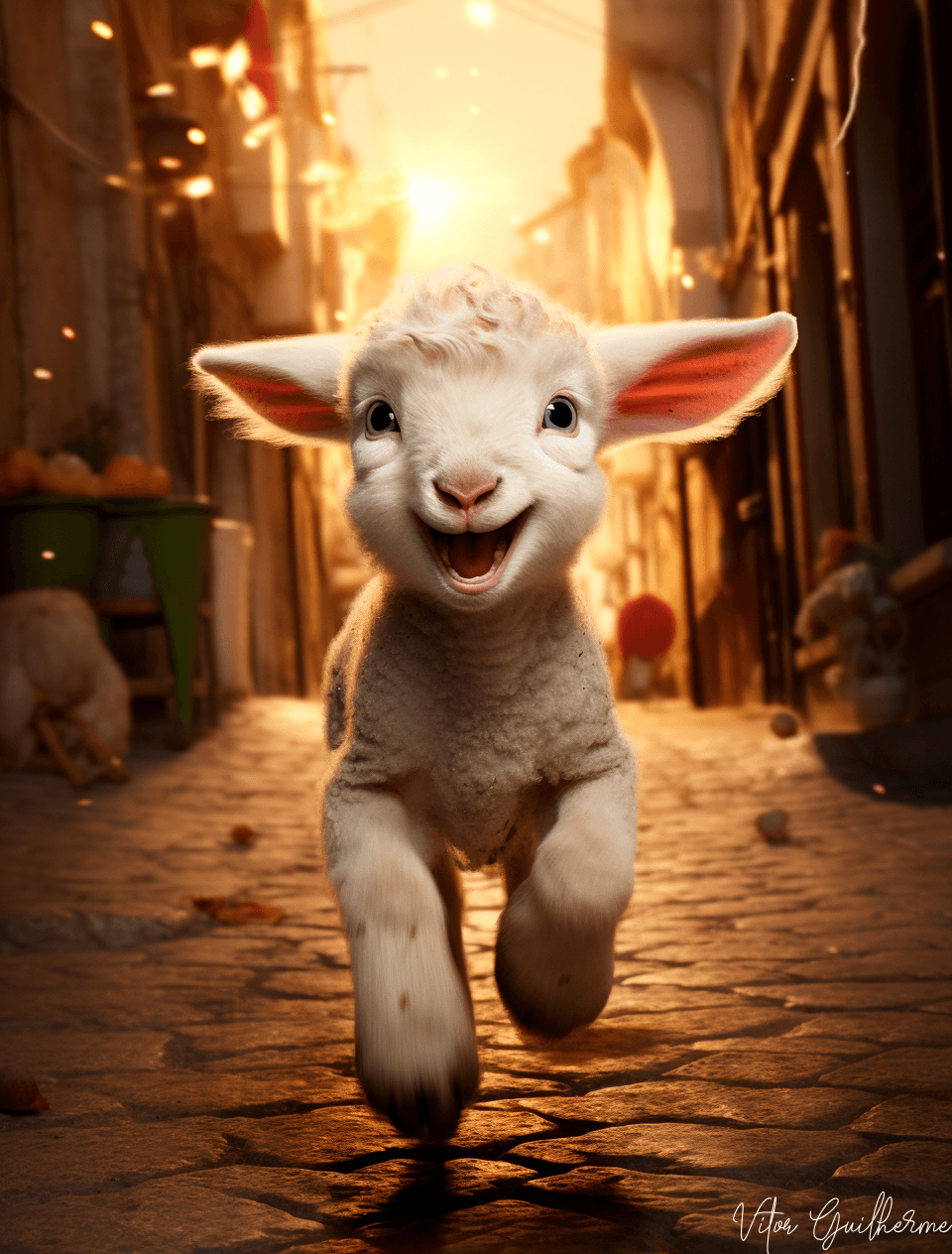 صورة مولدة بالذكاء الاصطناعي: Midjourney prompt: a baby lamb running and laughing, streets of jerus... (نموذج Midjourney - Portraits)