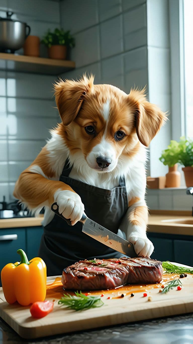 صورة مولدة بالذكاء الاصطناعي: Stable Diffusion prompt: Orange lazy cute dog fish is cutting a steak in th (نموذج Stable Diffusion - Stable Diffusion)