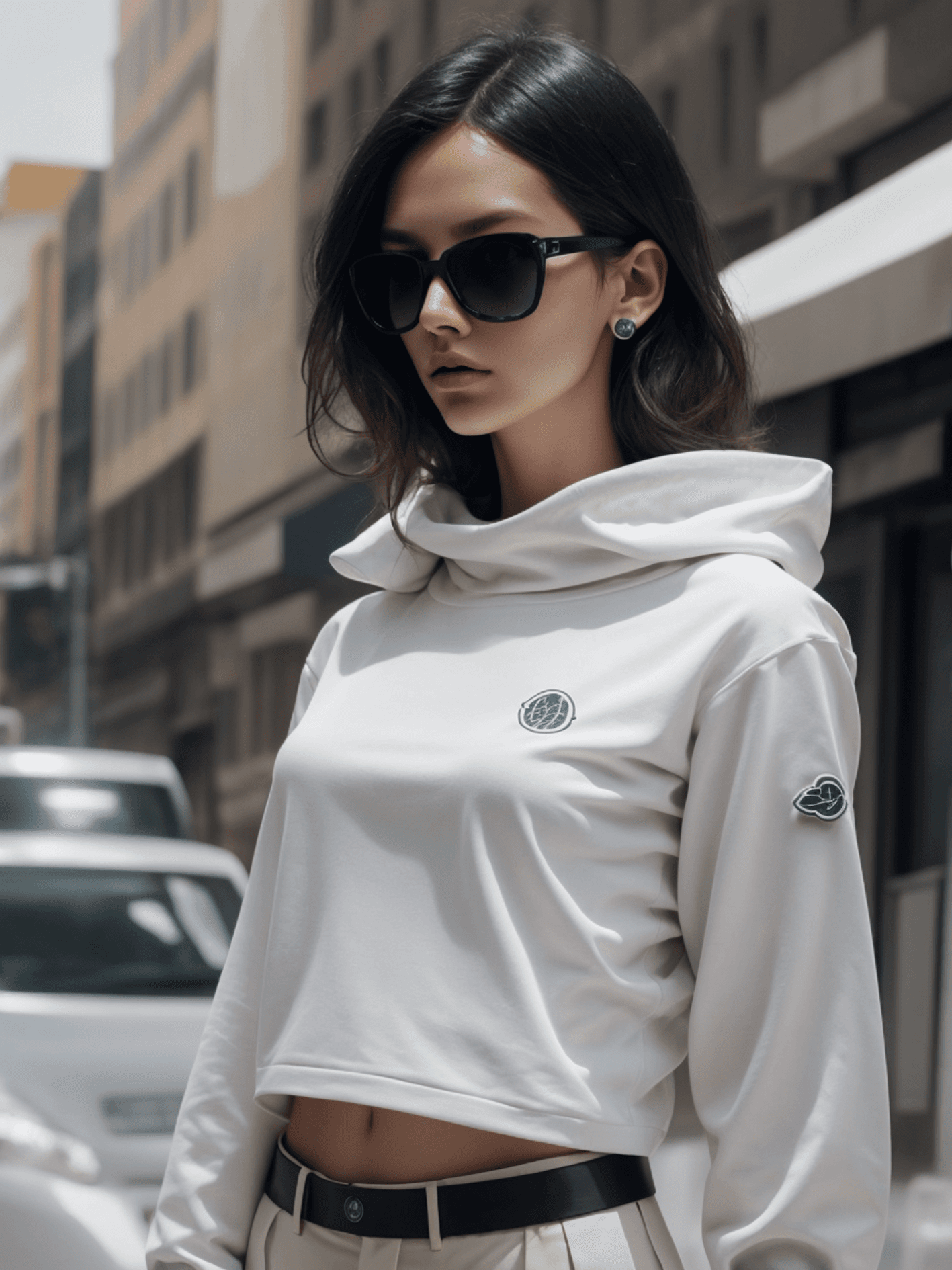 صورة مولدة بالذكاء الاصطناعي: Stable Diffusion prompt: The woman in the photo is standing against a beige... (نموذج Stable Diffusion - Fashion)