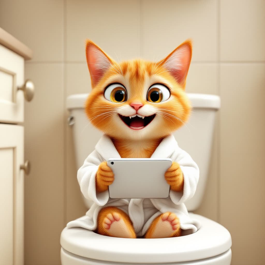 AI generated: FLUX prompt: A cartoon ginger cat, seated on a white toilet sea... (FLUX - FLUX)