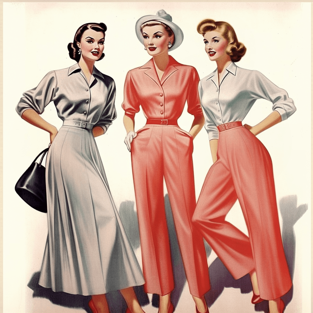 صورة مولدة بالذكاء الاصطناعي: Midjourney prompt: women, perfect faces, fashion, 1954 (نموذج Midjourney - أزياء وموضة)