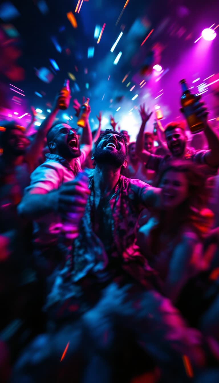 AI generated: FLUX prompt: "A chaotic, slow-motion wide shot of a wild party ... (FLUX - FLUX)
